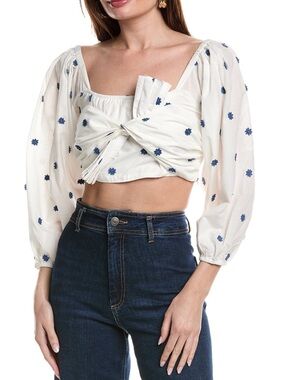 NWT Farm Rio White w Blue Flowers 100% Cotton Long Sleeve Crop Top Sz. M